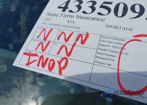 2013 Kia Sportage Lx z USA, uszkodzony, nr VIN KNDPB3A2XD7455848